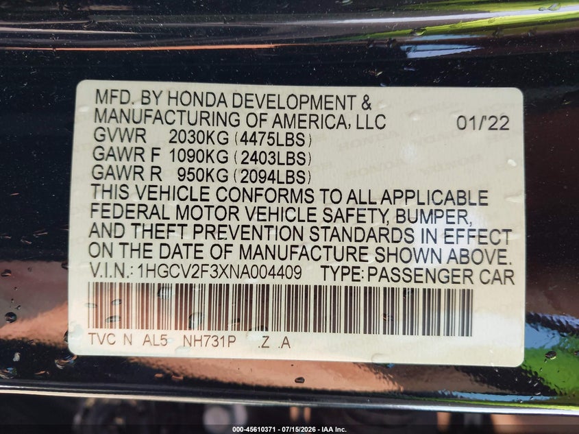 2022 Honda Accord VIN 1HGCV2F3XNA004409 IAAI salvage auction — SIDE, Salvage (Ohio), sold $7,300 on 2026-07-31 (photo 9)