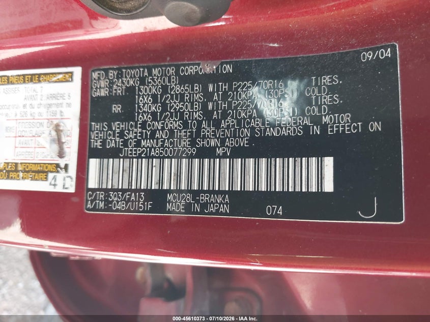 2005 Toyota Highlander VIN JTEEP21A850077299 IAAI salvage auction — NORMAL WEAR, Clear (Indiana), sold $775 on 2026-07-29 (photo 9)
