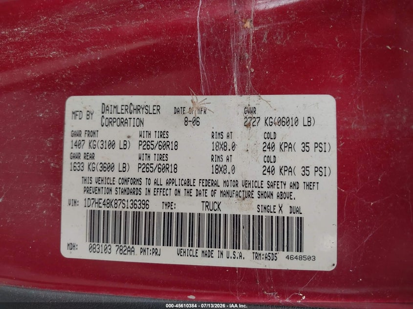 2007 Dodge Dakota VIN 1D7HE48K87S136396 IAAI salvage auction — ROOF, Salvage (Mississippi), sold $400 on 2026-08-07 (photo 9)
