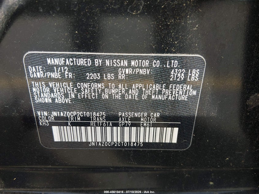 2012 Nissan Leaf VIN JN1AZ0CP2CT018475 IAAI salvage auction — NORMAL WEAR, Clear (South Carolina), sold $1,400 on 2026-08-01 (photo 9)