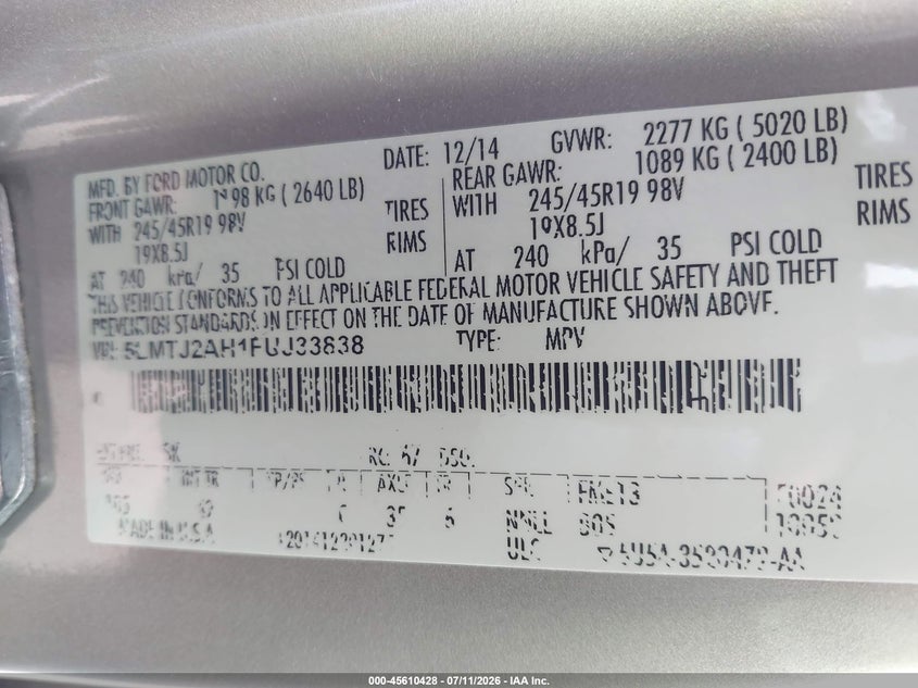 2015 Lincoln Mkc VIN 5LMTJ2AH1FUJ33838 IAAI salvage auction — NORMAL WEAR, Original (Texas), sold $875 on 2026-07-20 (photo 9)