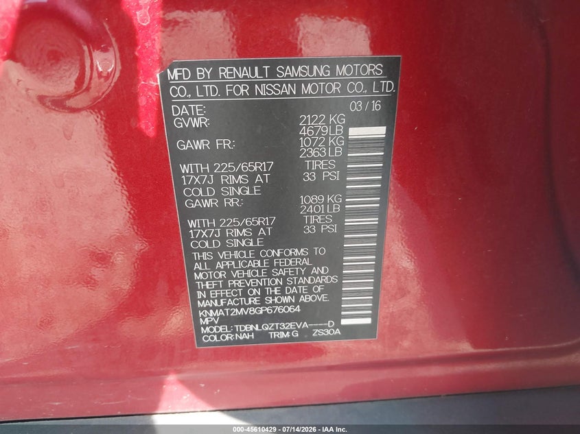 2016 Nissan Rogue VIN KNMAT2MV8GP676064 IAAI salvage auction — FRONT END, Salvage (Pennsylvania), sold $1,050 on 2026-07-24 (photo 9)