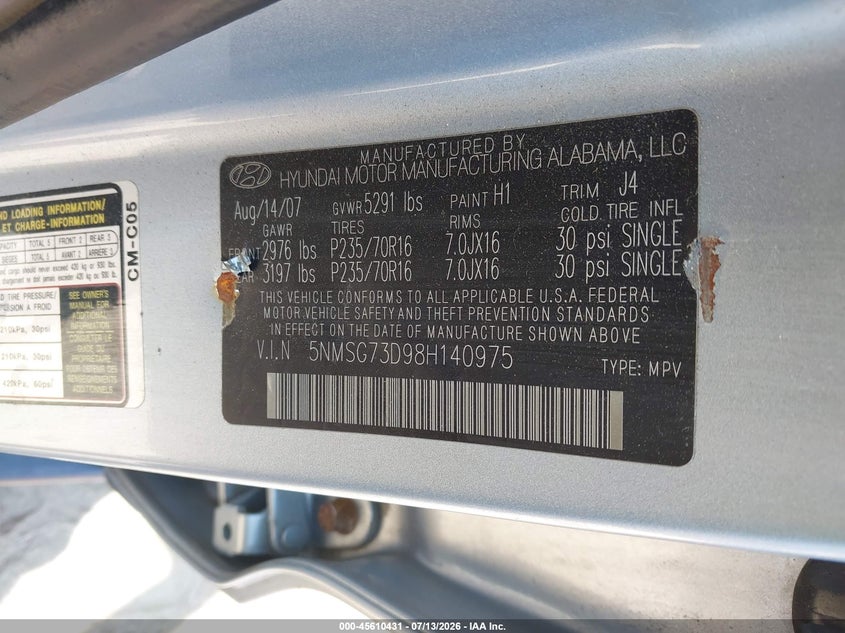 2008 Hyundai Santa fe VIN 5NMSG73D98H140975 IAAI salvage auction — NORMAL WEAR, Original (New Hampshire), sold $400 on 2026-07-20 (photo 9)