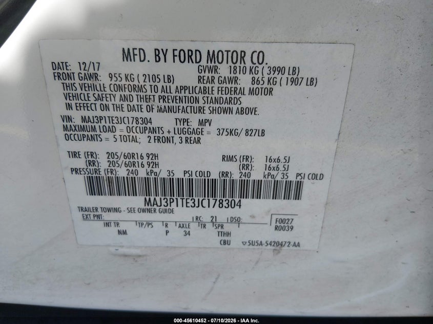 2018 Ford Ecosport VIN MAJ3P1TE3JC178304 IAAI salvage auction — NORMAL WEAR, Clear (Georgia), sold $25 on 2026-07-15 (photo 9)