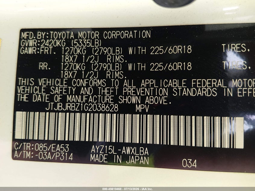 2016 Lexus Nx VIN JTJBJRBZ1G2038628 IAAI salvage auction — LEFT SIDE, Salvage (North Carolina), sold $5,100 on 2026-07-29 (photo 9)
