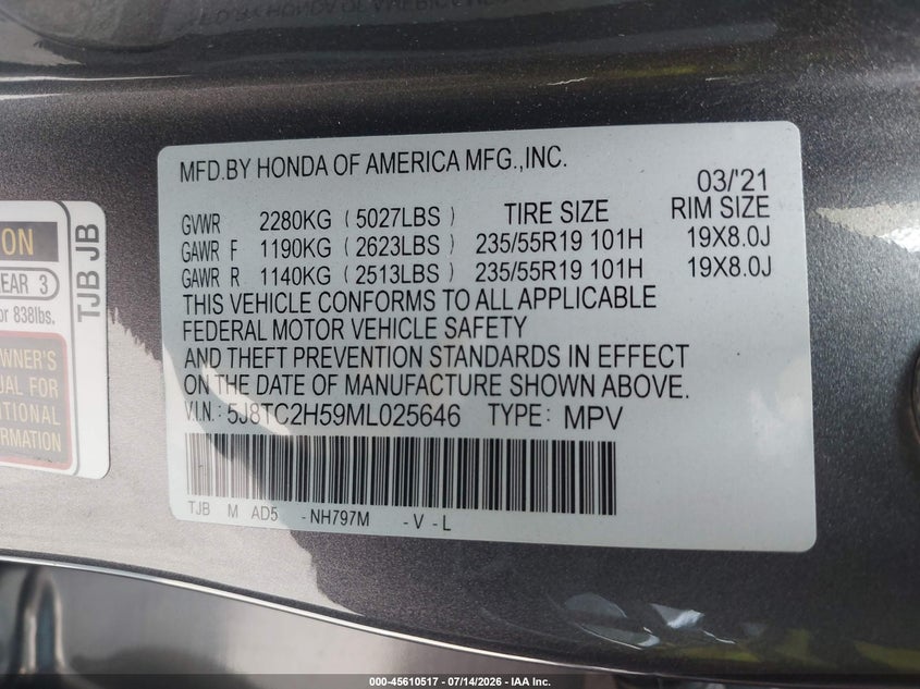 2021 Acura Rdx VIN 5J8TC2H59ML025646 IAAI salvage auction — REAR END, Salvage Title, sold $7,000 on 2026-07-28 (photo 9)