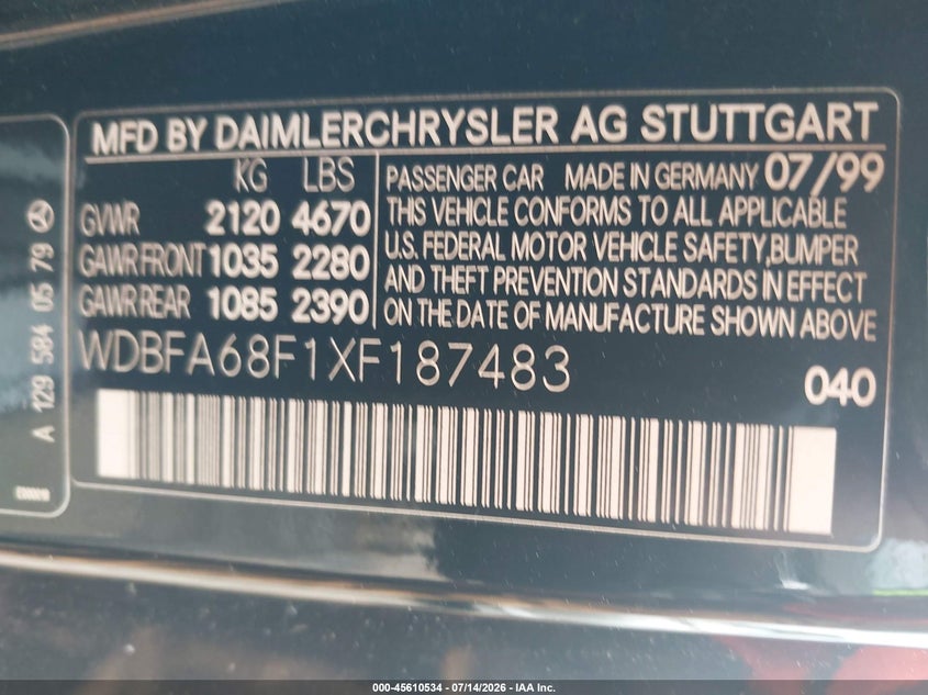 1999 Mercedes-benz Sl-class VIN WDBFA68F1XF187483 IAAI salvage auction — NORMAL WEAR, Clear (Massachusetts), sold $4,550 on 2026-07-17 (photo 9)