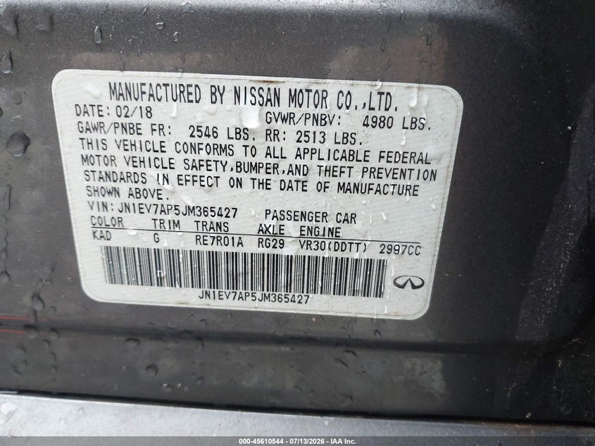 2018 Infiniti Q50 VIN JN1EV7AP5JM365427 IAAI salvage auction — LEFT & RIGHT, Clear (Georgia), sold $3,000 on 2026-07-28 (photo 9)