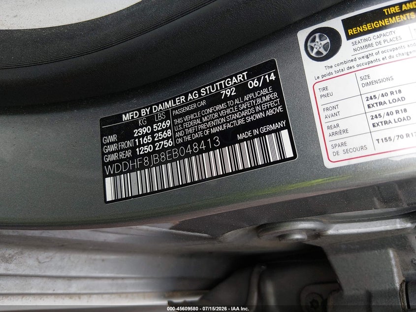 2014 Mercedes-benz E-class VIN WDDHF8JB8EB048413 IAAI salvage auction — NORMAL WEAR, Clear (Alabama), sold $1,150 on 2026-08-12 (photo 9)