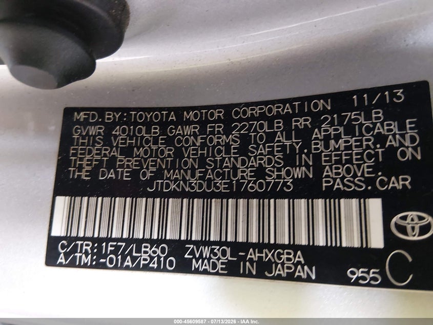 2014 Toyota Prius VIN JTDKN3DU3E1760773 IAAI salvage auction — NORMAL WEAR, Clear (Louisiana), sold $825 on 2026-07-29 (photo 9)