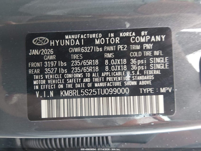 2026 Hyundai Palisade VIN KM8RL5S25TU099000 IAAI salvage auction — FRONT END, Enterprise Vehicles Clear Only (Texas), sold $16,900 on 2026-07-18 (photo 9)