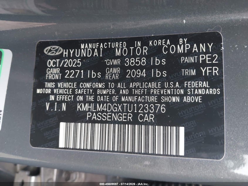 2026 Hyundai Elantra VIN KMHLM4DGXTU123376 IAAI salvage auction — RIGHT FRONT, Salvage Title, sold $5,100 on 2026-07-21 (photo 9)