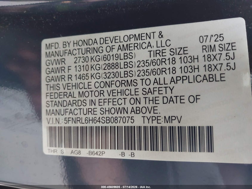 2025 Honda Odyssey VIN 5FNRL6H64SB087075 IAAI salvage auction — UNKNOWN, Salvage Title, sold $17,500 on 2026-07-18 (photo 9)