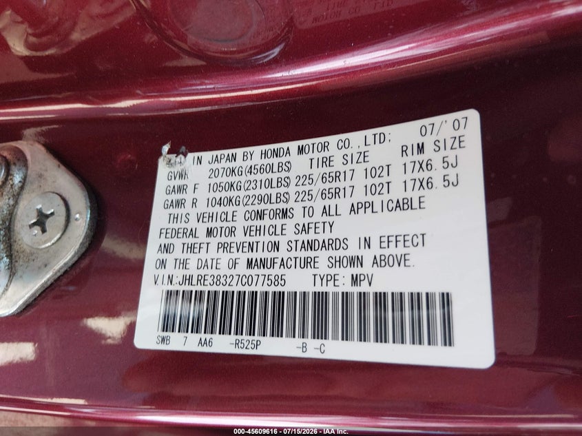 2007 Honda Cr-v VIN JHLRE38327C077585 IAAI salvage auction — REAR END, Salvage (California), sold $1,650 on 2026-07-30 (photo 9)