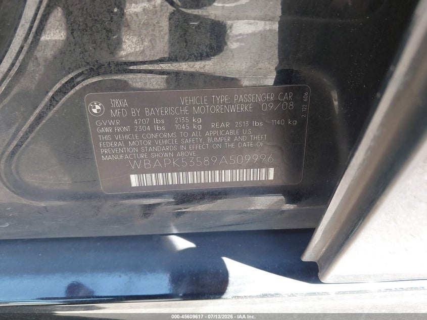 2009 BMW 3 series VIN WBAPK53589A509996 IAAI salvage auction — NORMAL WEAR, Peddle Clear Public-Restricted (Oregon), sold $1,450 on 2026-08-04 (photo 9)