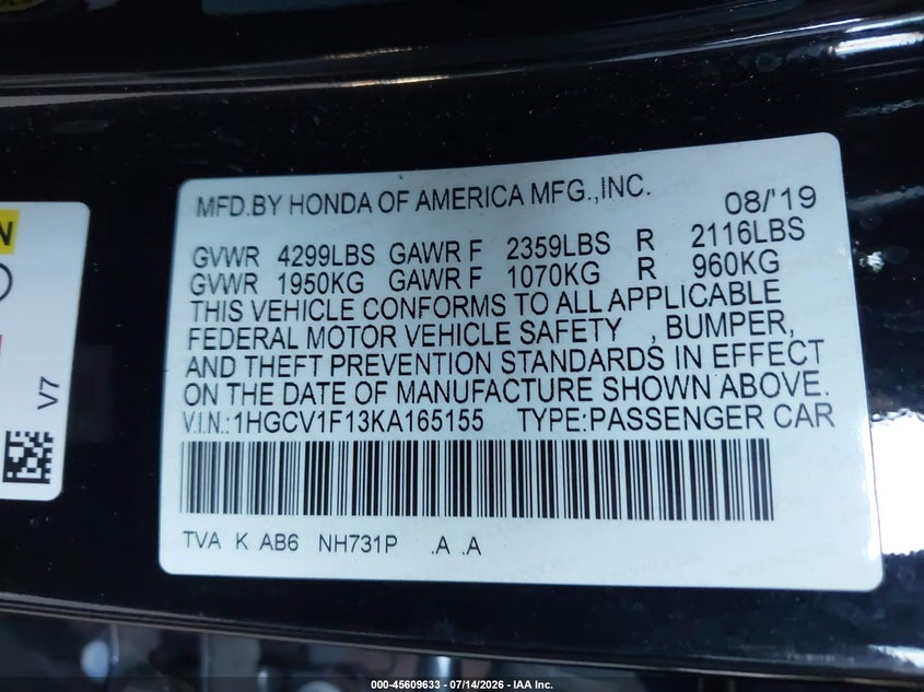 2019 Honda Accord VIN 1HGCV1F13KA165155 IAAI salvage auction — REPOSSESSION, Salvage Title, sold $25 on 2026-09-28 (photo 9)