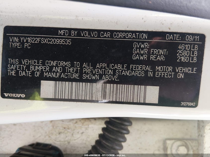 2012 Volvo S60 VIN YV1622FSXC2099535 IAAI salvage auction — NORMAL WEAR, Original (Texas), sold $650 on 2026-08-05 (photo 9)