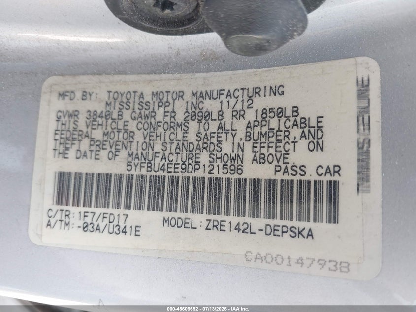 2013 Toyota Corolla VIN 5YFBU4EE9DP121596 IAAI salvage auction — NORMAL WEAR, Clear (Utah), sold $50 on 2026-07-30 (photo 9)