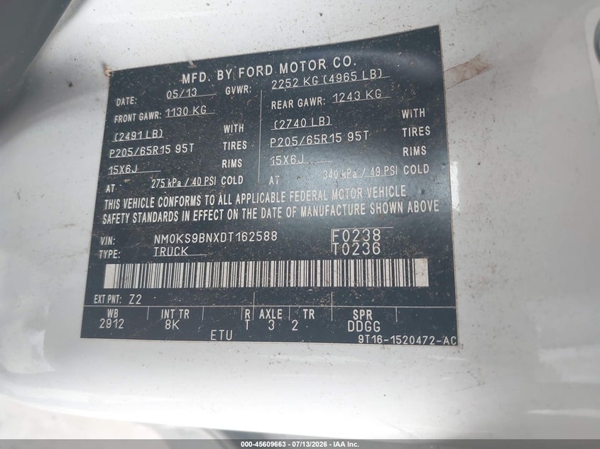 2013 Ford Transit connect VIN NM0KS9BNXDT162588 IAAI salvage auction — NORMAL WEAR, Repossession Paperwork (Georgia), sold $25 on 2026-07-29 (photo 9)