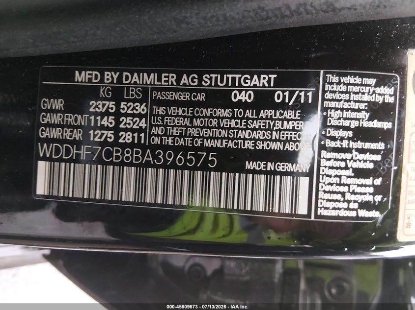 2011 Mercedes-benz E-class VIN WDDHF7CB8BA396575 IAAI salvage auction — NORMAL WEAR, Original (Texas), sold $525 on 2026-08-12 (photo 9)