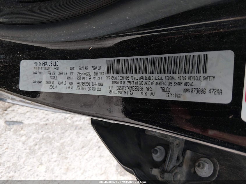 2019 Ram 1500 VIN 1C6SRFKTXKN595090 IAAI salvage auction — ROLLOVER, Salvage (Texas), sold $2,150 on 2026-08-22 (photo 9)
