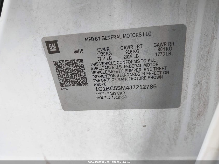 2018 Chevrolet Cruze VIN 1G1BC5SM4J7212785 IAAI salvage auction — LEFT FRONT, Wait Title, sold $1,500 on 2026-08-03 (photo 9)