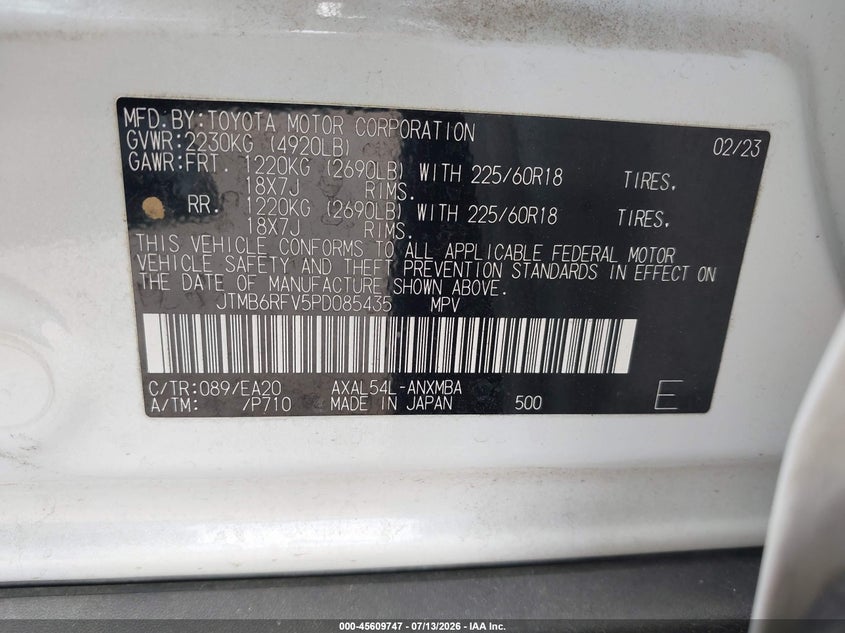 2023 Toyota Rav 4 VIN JTMB6RFV5PD085435 IAAI salvage auction — FRONT END, Wait Title, sold $12,100 on 2026-08-22 (photo 9)