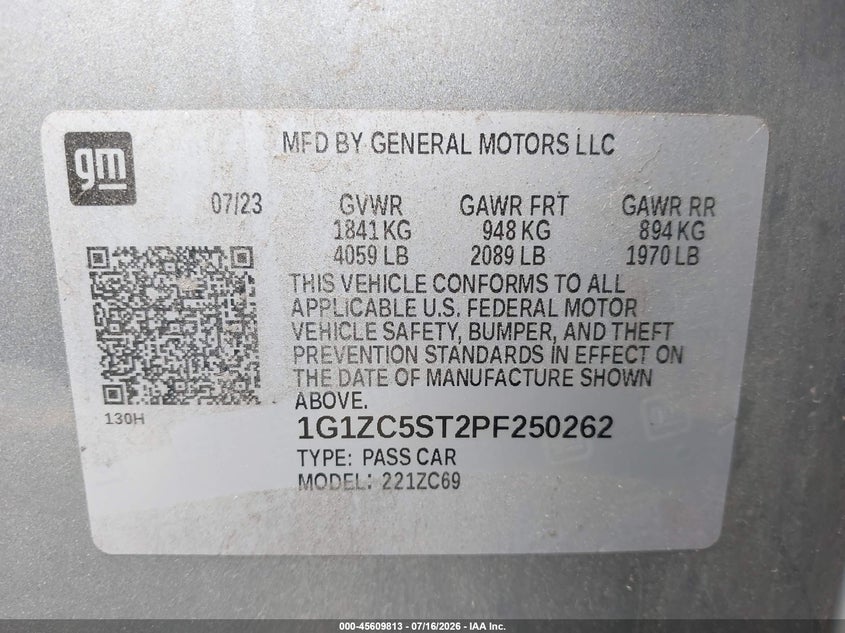 2023 Chevrolet Malibu VIN 1G1ZC5ST2PF250262 IAAI salvage auction — RIGHT FRONT, Clear (Michigan), sold $7,100 on 2026-07-27 (photo 9)