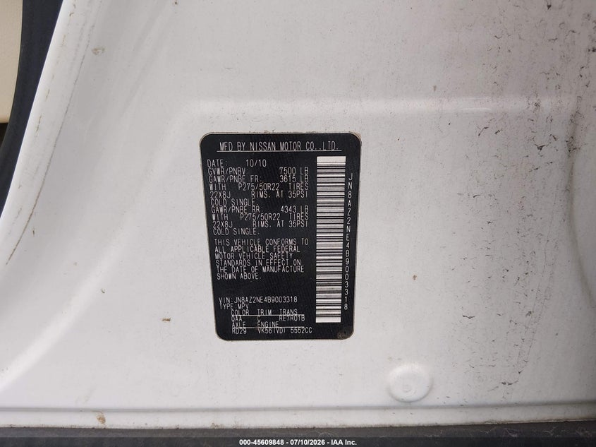 2011 Infiniti Qx56 VIN JN8AZ2NE4B9003318 IAAI salvage auction — NORMAL WEAR, Clear (Pennsylvania), sold $2,150 on 2026-07-17 (photo 9)