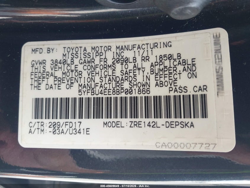 2011 Toyota Corolla VIN 5YFBU4EE8BP001866 IAAI salvage auction — RIGHT FRONT, Rebuildable (Florida), sold $1,850 on 2026-07-23 (photo 9)