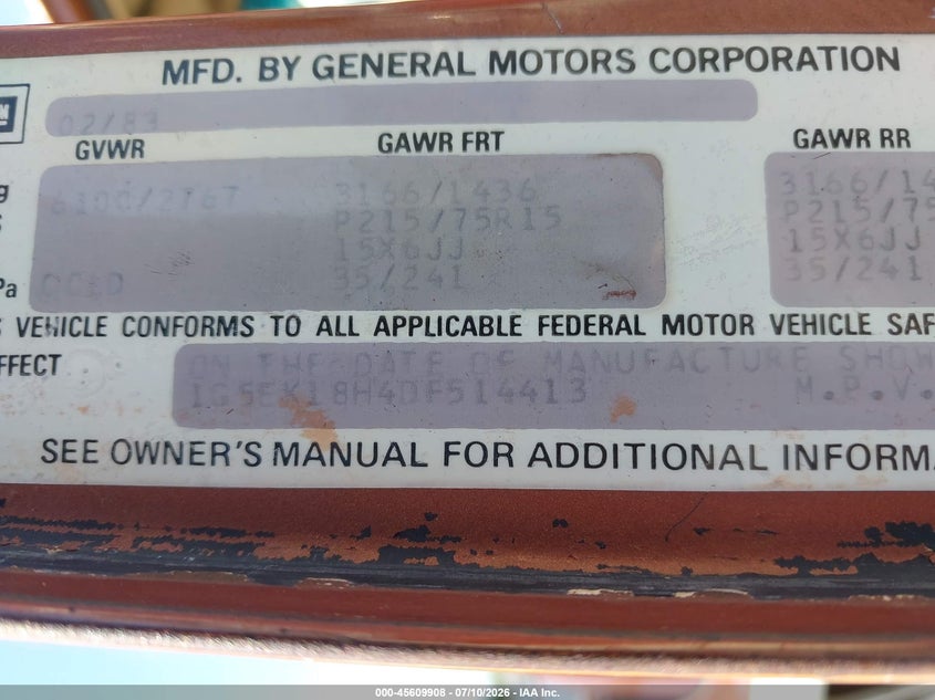 1983 Gmc Jimmy VIN 1G5EK18H4DF514413 IAAI salvage auction — NORMAL WEAR, Clear-Dealer Only (North Carolina), sold $8,600 on 2026-07-30 (photo 9)
