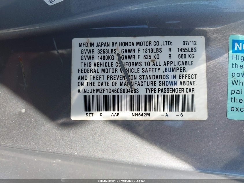 2012 Honda Cr-z VIN JHMZF1D46CS004683 IAAI salvage auction — MECHANICAL, Salvage Title, sold $225 on 2026-07-28 (photo 9)