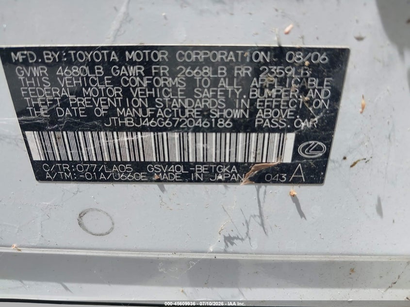 2007 Lexus Es 350 VIN JTHBJ46G672046186 IAAI salvage auction — NORMAL WEAR, Original (Texas), sold $1,675 on 2026-07-27 (photo 9)