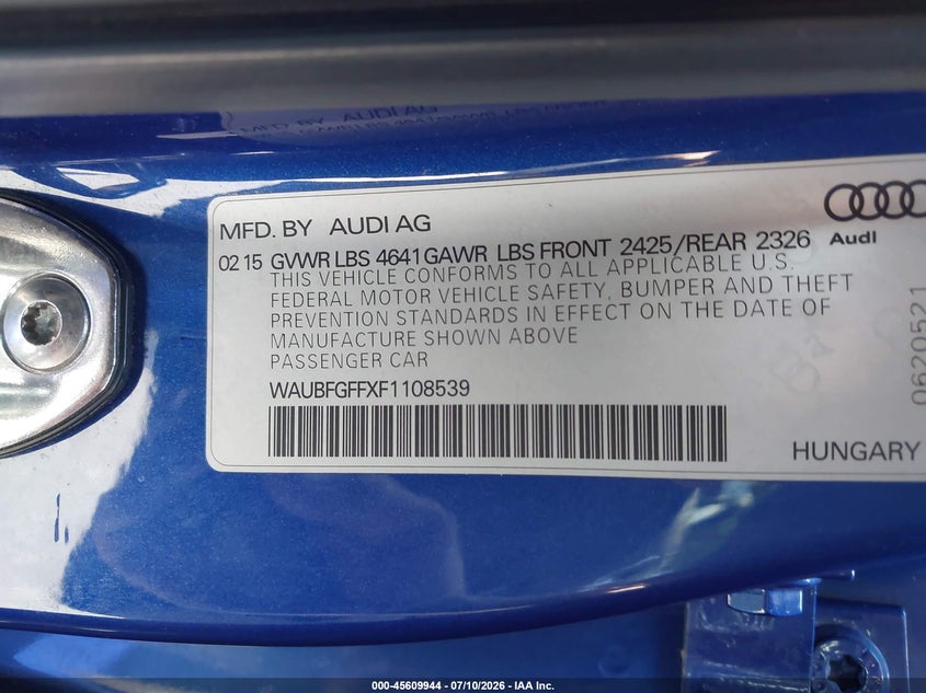 2015 Audi S3 VIN WAUBFGFFXF1108539 IAAI salvage auction — NORMAL WEAR, Salvage Title, sold $3,025 on 2026-07-30 (photo 9)