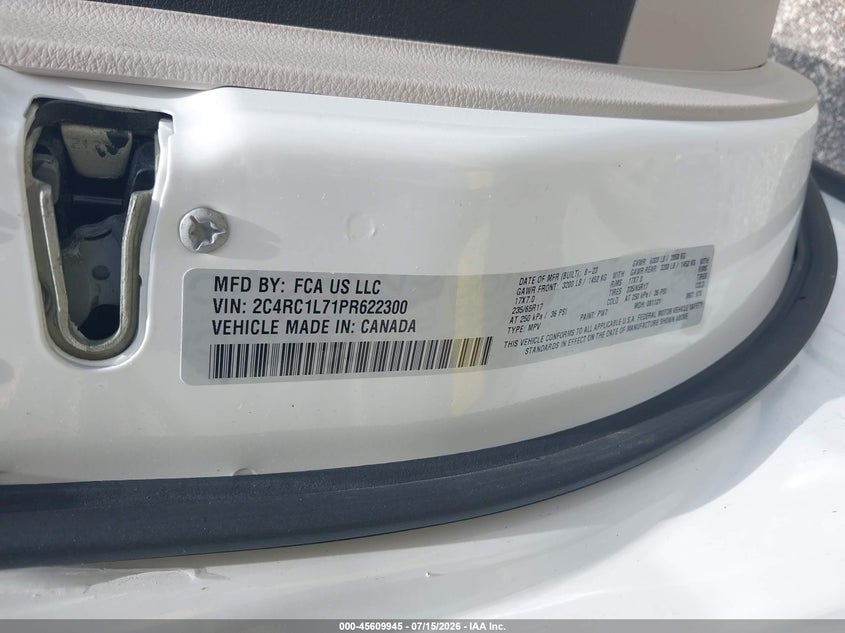 2023 Chrysler Pacifica VIN 2C4RC1L71PR622300 IAAI salvage auction — WATER/FLOOD, Enterprise Vehicles Salvage Only (Florida), sold $8,500 on 2026-07-30 (photo 9)