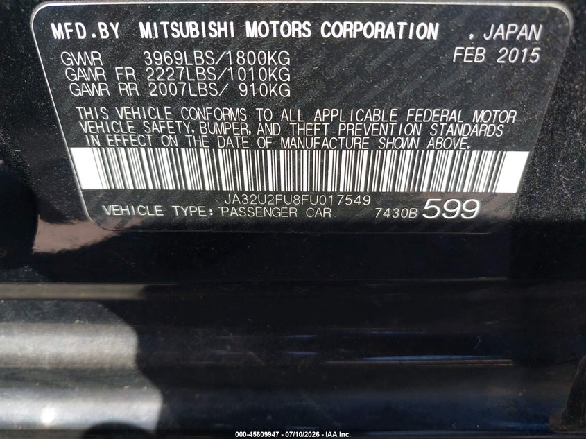 2015 Mitsubishi Lancer VIN JA32U2FU8FU017549 IAAI salvage auction — NORMAL WEAR, Salvage Title, sold $450 on 2026-07-27 (photo 9)