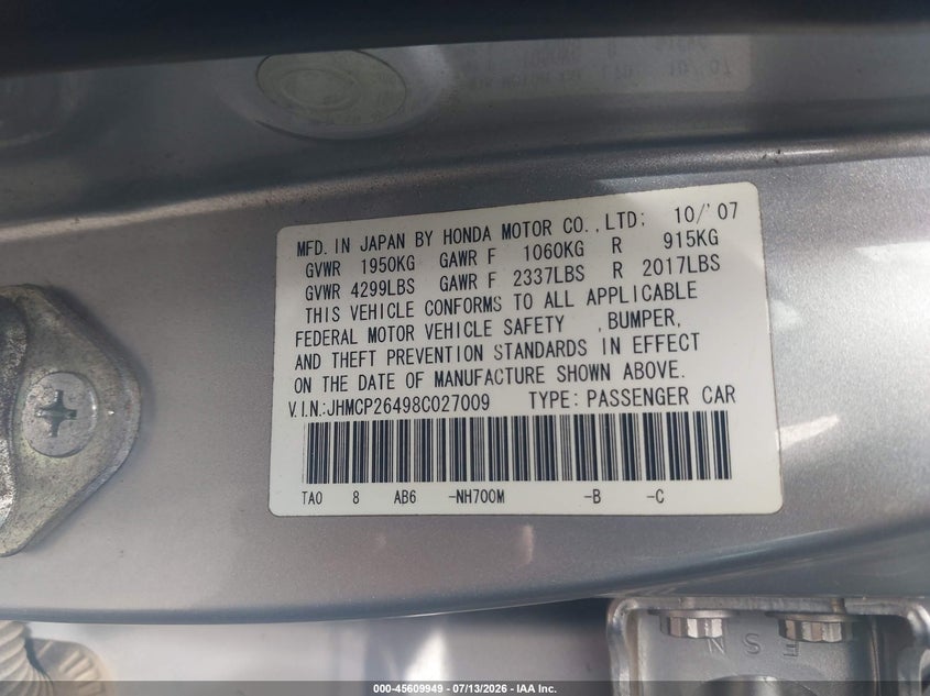 2008 Honda Accord VIN JHMCP26498C027009 IAAI salvage auction — FRONT END, Clear (Georgia), sold $525 on 2026-07-21 (photo 9)