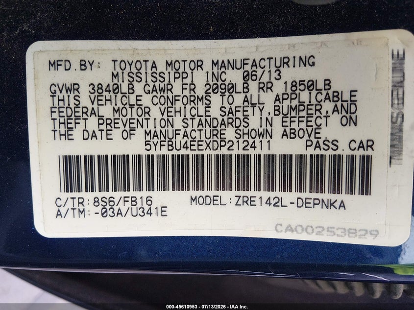 2013 Toyota Corolla VIN 5YFBU4EEXDP212411 IAAI salvage auction — NORMAL WEAR, Clear (North Carolina), sold $2,600 on 2026-07-16 (photo 9)