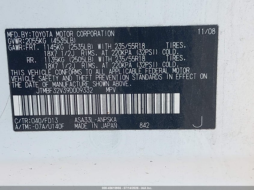 2009 Toyota Rav4 VIN JTMBF32V39D009332 IAAI salvage auction — NORMAL WEAR, Clear (New Jersey), sold $1,300 on 2026-07-20 (photo 9)
