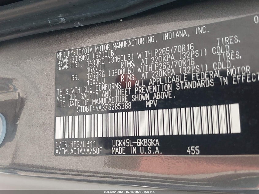 2007 Toyota Sequoia VIN 5TDBT44A37S285388 IAAI salvage auction — NORMAL WEAR, Clear (Maryland), sold $1,300 on 2026-07-20 (photo 9)