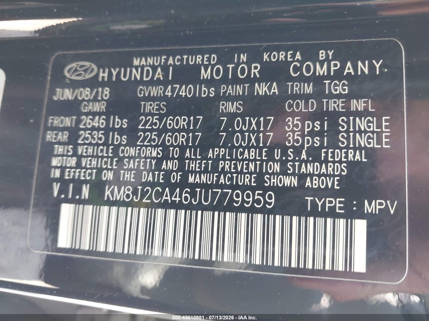 2018 Hyundai Tucson VIN KM8J2CA46JU779959 IAAI salvage auction — NORMAL WEAR, Original (Maine), sold $2,900 on 2026-07-31 (photo 9)