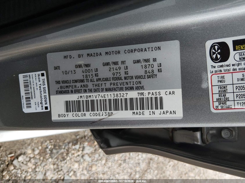 2014 Mazda 3 VIN JM1BM1V74E1138327 IAAI salvage auction — LEFT FRONT, Clear (Virginia), sold $1,250 on 2026-07-30 (photo 9)
