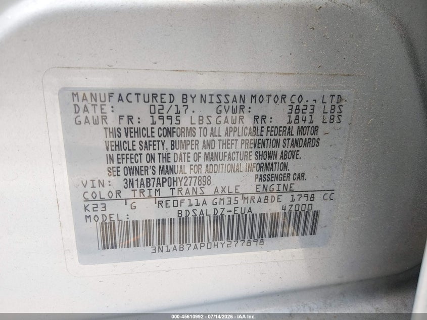 2017 Nissan Sentra VIN 3N1AB7AP0HY277898 IAAI salvage auction — FRONT END, Salvage (North Carolina), sold $1,050 on 2026-07-30 (photo 9)