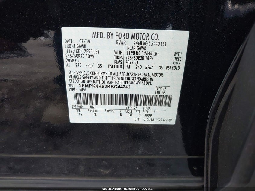 2019 Ford Edge VIN 2FMPK4K92KBC44242 IAAI salvage auction — LEFT FRONT, Wait Title, sold $8,100 on 2026-08-20 (photo 9)