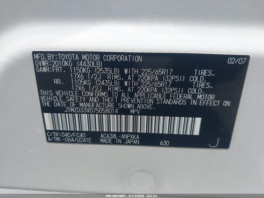 2007 Toyota Rav 4 VIN JTMZD33V075058014 IAAI salvage auction — FRONT & REAR, Salvage - Greater Than 75% (Maryland), sold $675 on 2026-08-01 (photo 9)