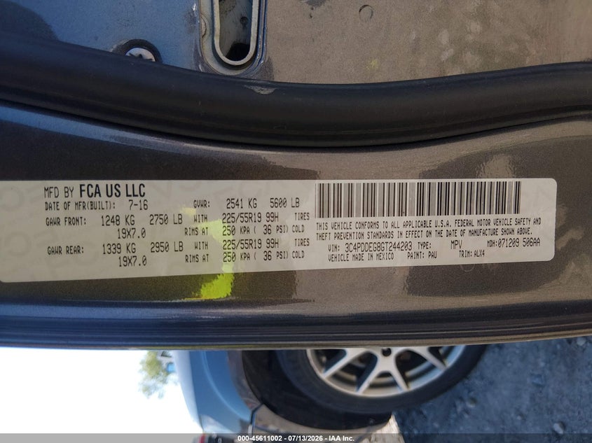 2016 Dodge Journey VIN 3C4PDDEG8GT244203 IAAI salvage auction — LEFT REAR, Clear (Wisconsin), sold $1,700 on 2026-08-01 (photo 9)