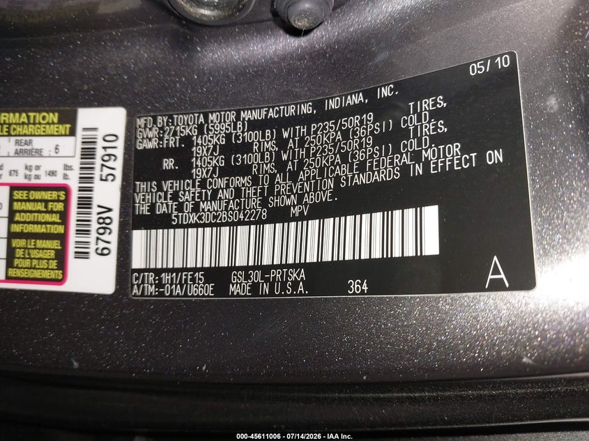 2011 Toyota Sienna VIN 5TDXK3DC2BS042278 IAAI salvage auction — RIGHT FRONT, Salvage (Pennsylvania), sold $1,200 on 2026-08-01 (photo 9)