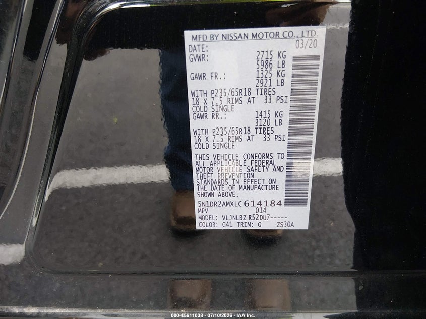 2020 Nissan Pathfinder VIN 5N1DR2AMXLC614184 IAAI salvage auction — NORMAL WEAR, SF97 (Virginia), sold $10,500 on 2026-07-22 (photo 9)