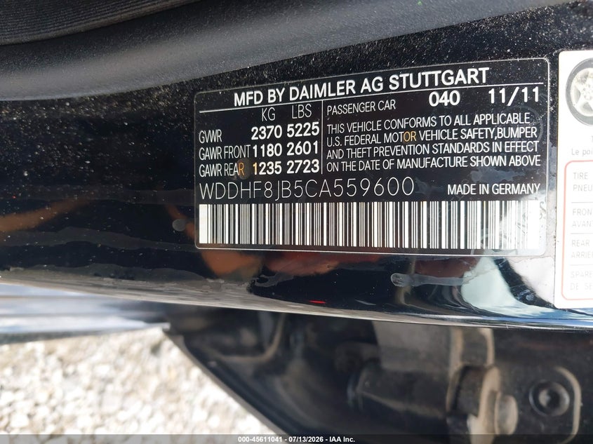 2012 Mercedes-benz E-klasse VIN WDDHF8JB5CA559600 IAAI salvage auction — FRONT END, Salvage Title, sold $500 on 2026-08-13 (photo 9)