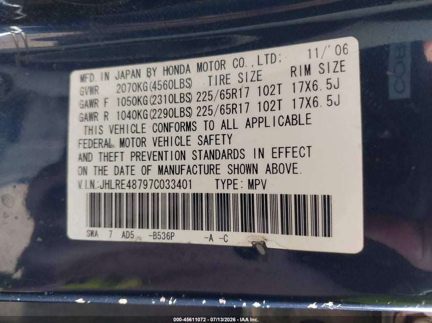 2007 Honda Cr-v VIN JHLRE48797C033401 IAAI salvage auction — NORMAL WEAR, Clear (District Of Columbia), sold $775 on 2026-07-22 (photo 9)